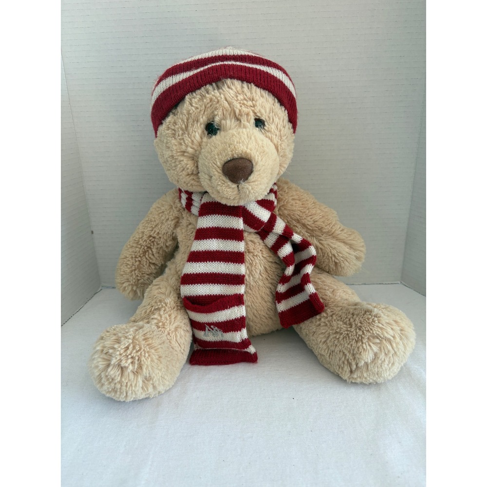 Aeropostale Tan Plush Teddy Bear Red White Striped Scarf Hat A87 Winter 16‎ Inch